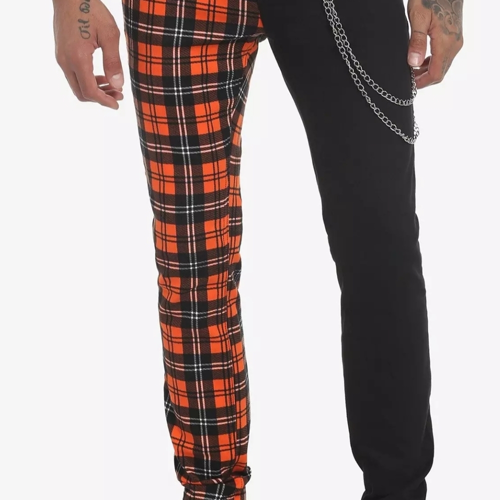 Hot Topic Men's Bold Orange Plaid and Black Split Leg With Chain Skinny Jeans